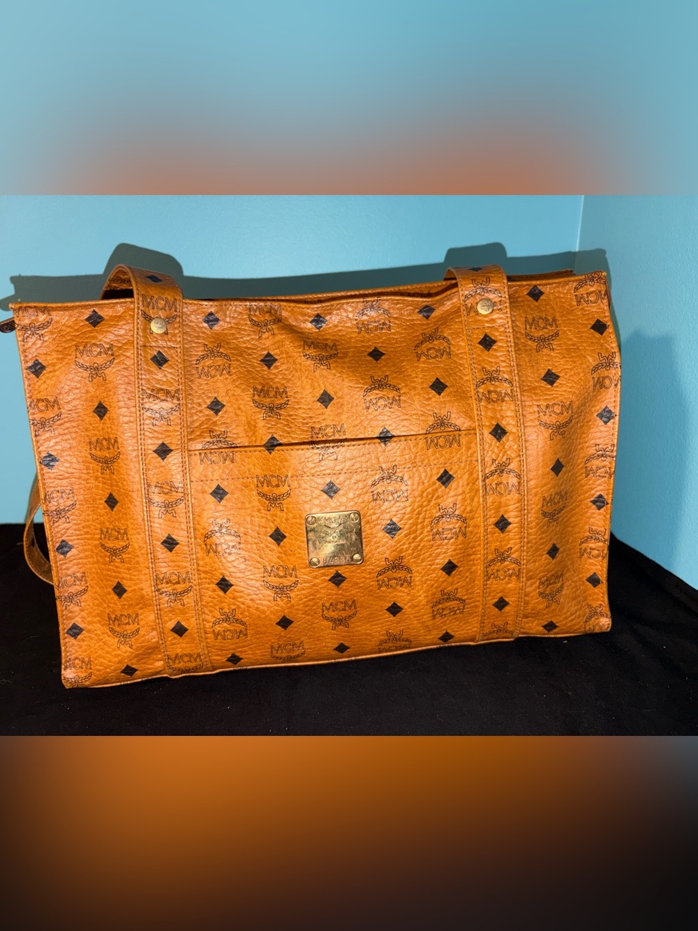 MCM Cognac Visetos Monogram Tote with Gold Plaque